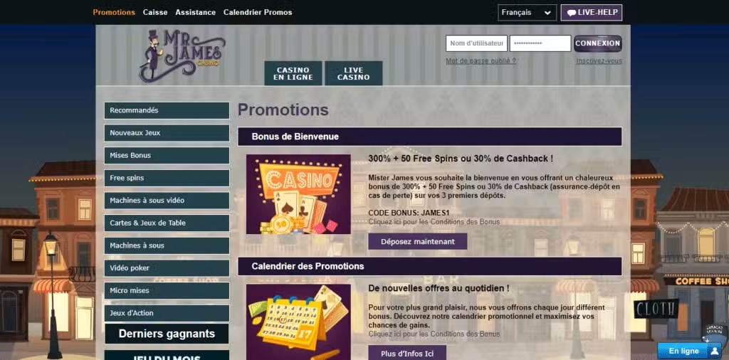 Visit promotions page and get free spins at MrJames casino